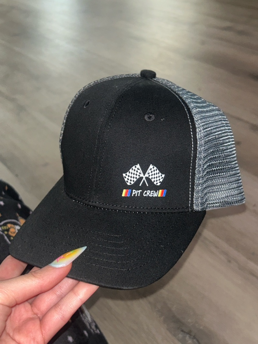 Black & Gray NASCAR Pit Crew Trucker Hat with Racing Flag Embroidery 🏎️